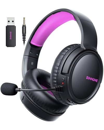 BINNUNE Wireless Gaming Headset — 2.4GHz Low-Latency USB Dongle + Bluetooth, 50mm Drivers 7.1 Surround, Noise-Cancelling Mic, 40H Battery — Over Ear Wireless Headphones for PS5, PC, Laptop, Purple